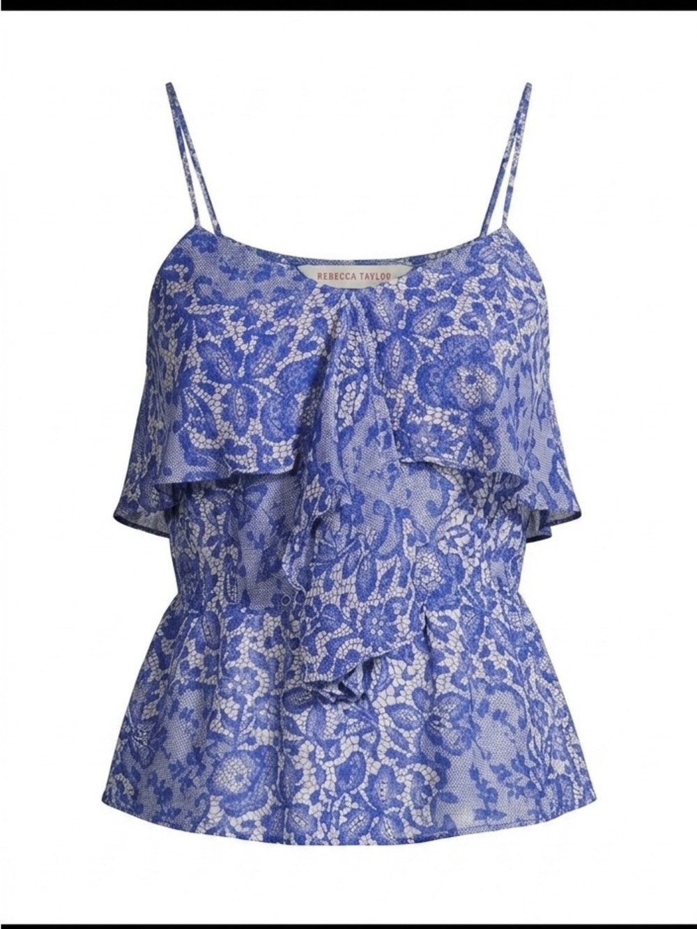 Rebecca Taylor 100% Silk Blue Floral Lace Print Tiered Ruffle Cami Top Sz 4